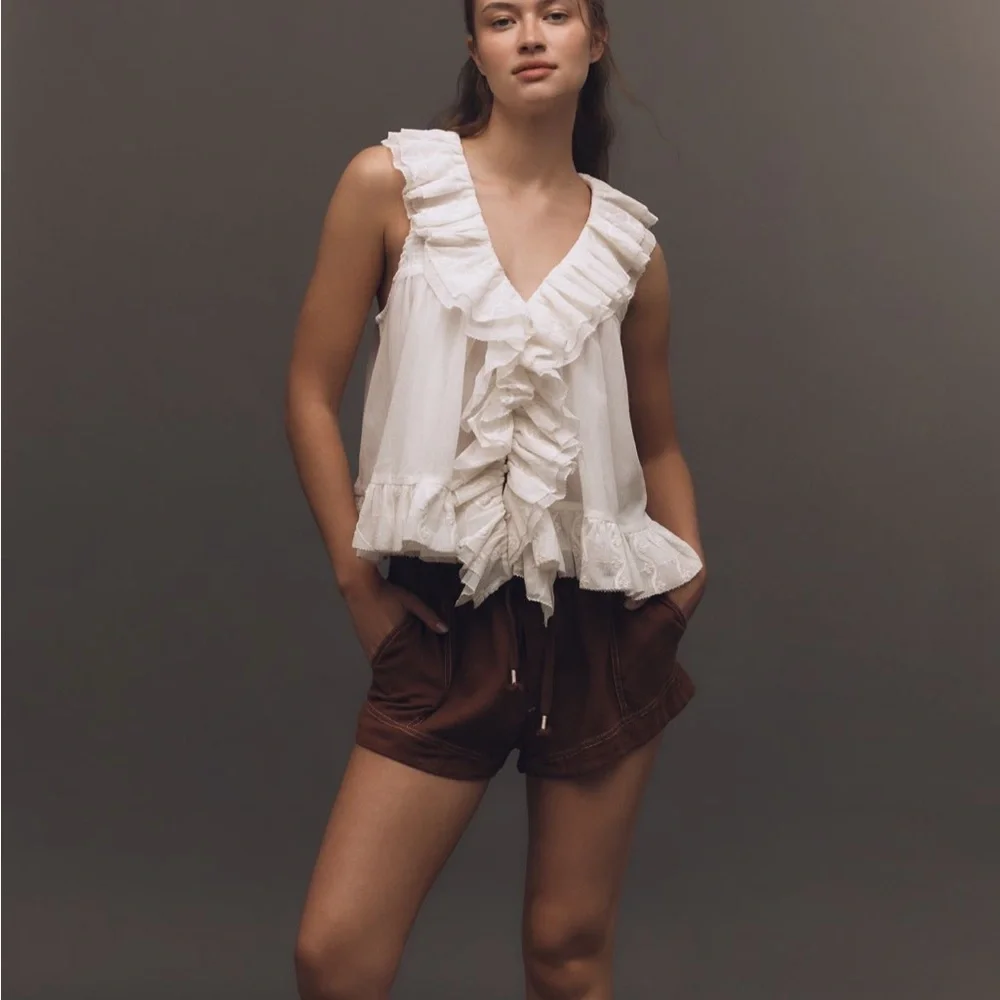 BNWT Anthropologie Sheer Ruffle Elegant Cream Ruffled Sleeveless Top - L - Picture 4 of 16